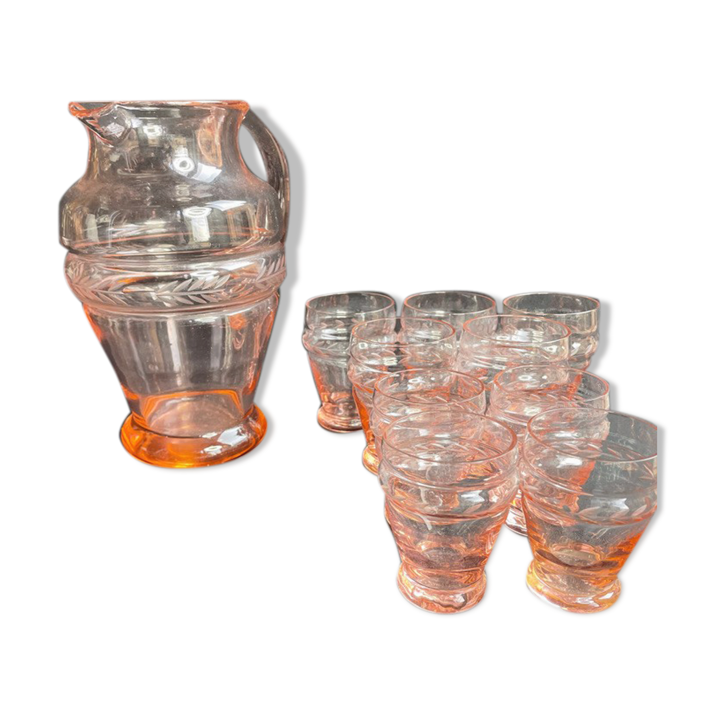 Service for 4 people - Art Deco - Glass or 1/2 pink crystal blown and cut
