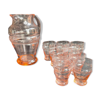 Service for 4 people - Art Deco - Glass or 1/2 pink crystal blown and cut