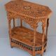 Oriental pedestal table in hexagonal shape made of cedar wood and marquetry