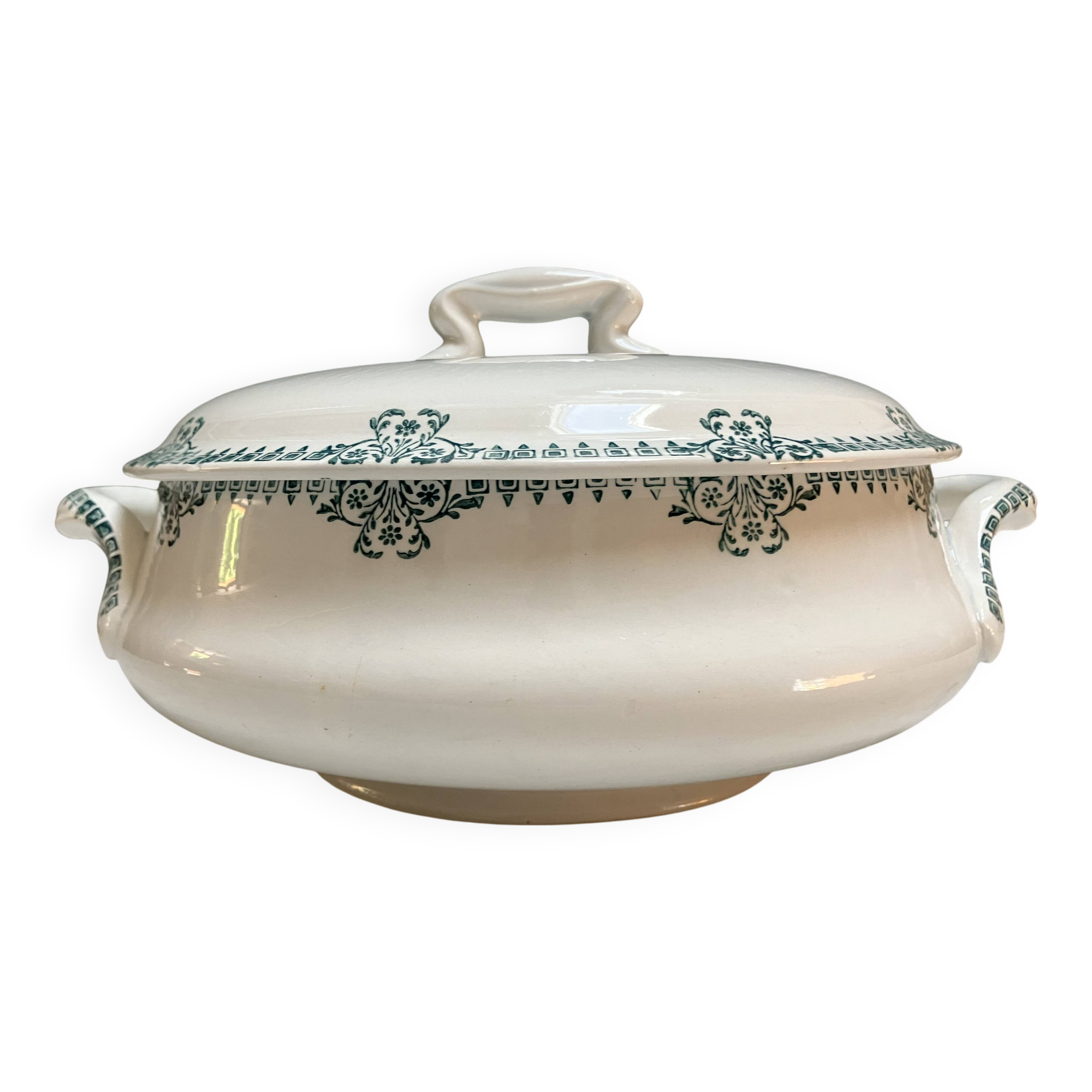 Ironstone tureen - delightful green stylized floral decoration