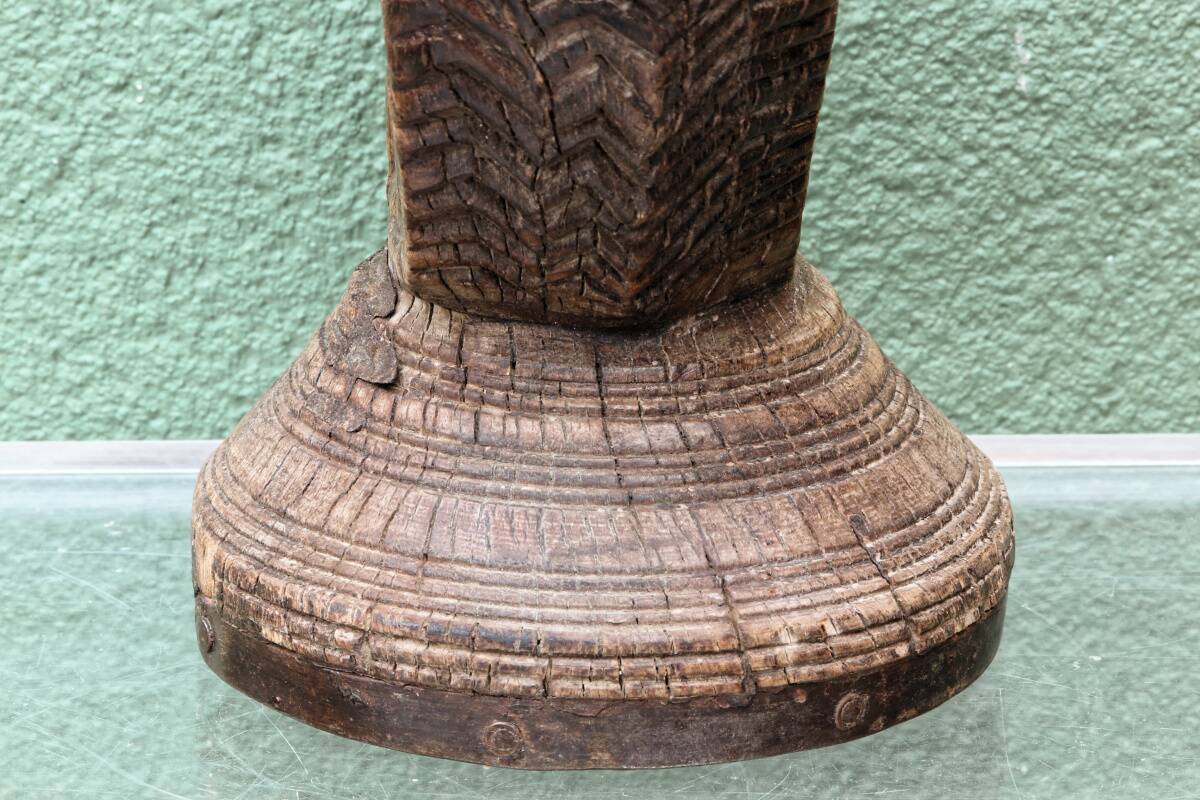 Brutalist candlestick, antique Asian grain sorter in carved wood.