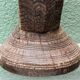 Brutalist candlestick, antique Asian grain sorter in carved wood.