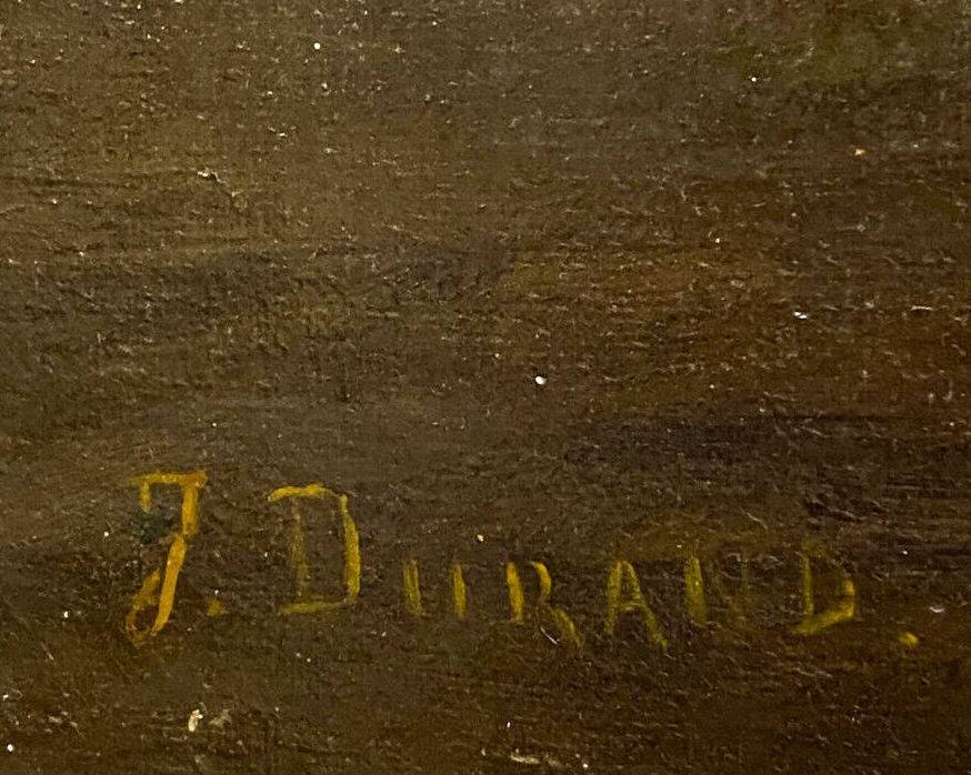 École Française vers 1880 : paysage lacustre animé signé J Durand