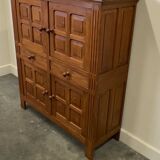 Artisan brutalist oak cabinet with turned knobs, France, 1970s
