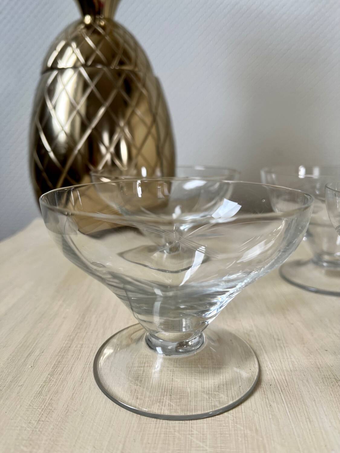 Set of 4 vintage champagne glasses on low feet