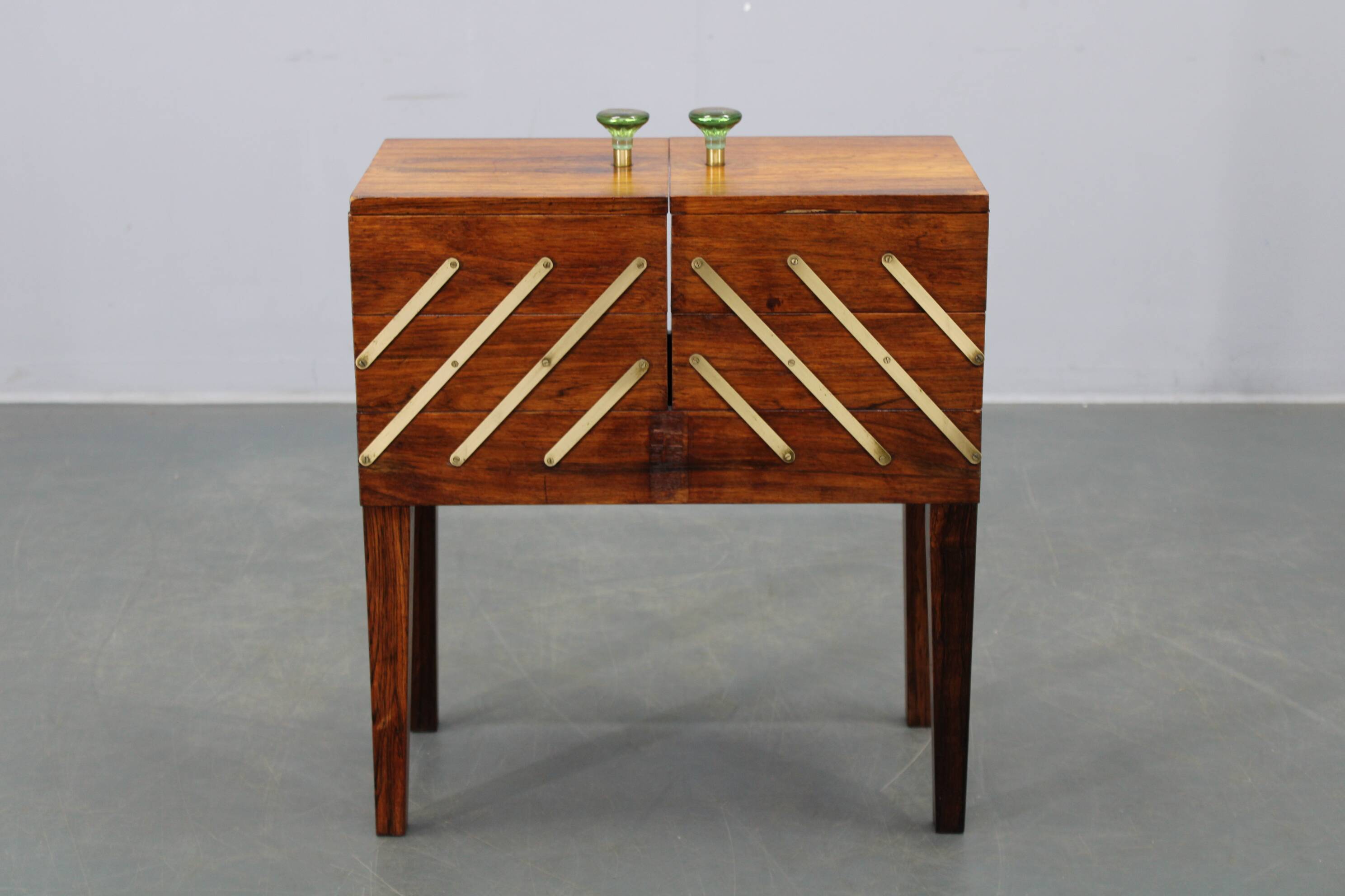 Danish mid-century unfolding sewing box in wood and brass, 1960s