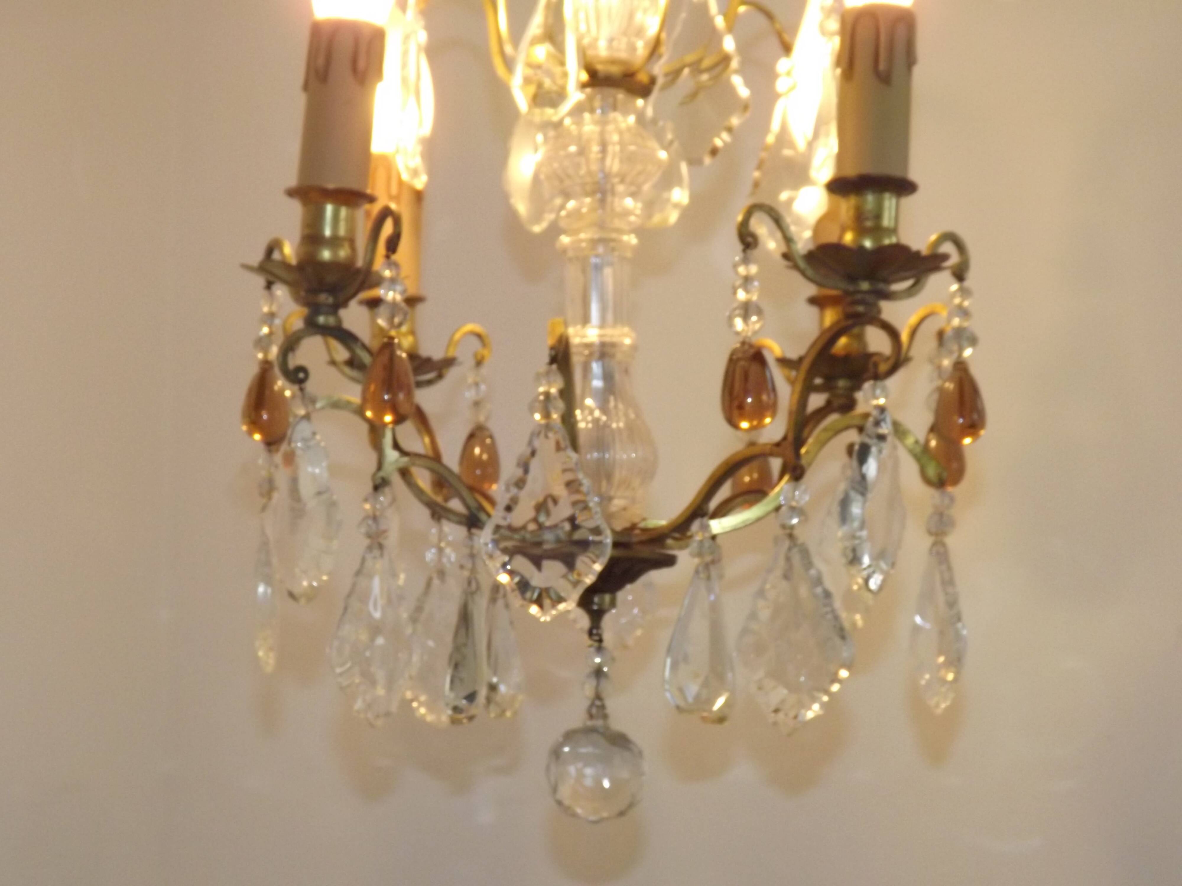French vintage brass glass crystal 4 light chandelier with Murano droplets 4991