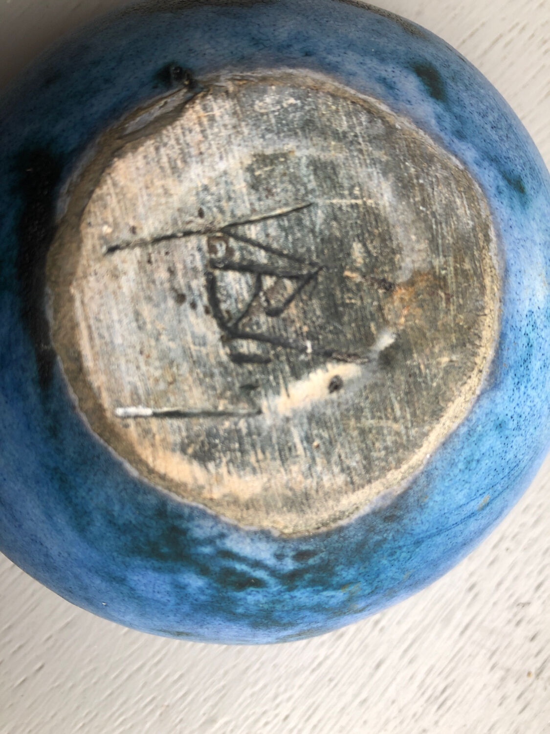 Round blue ceramic cup signed Blin around 1950