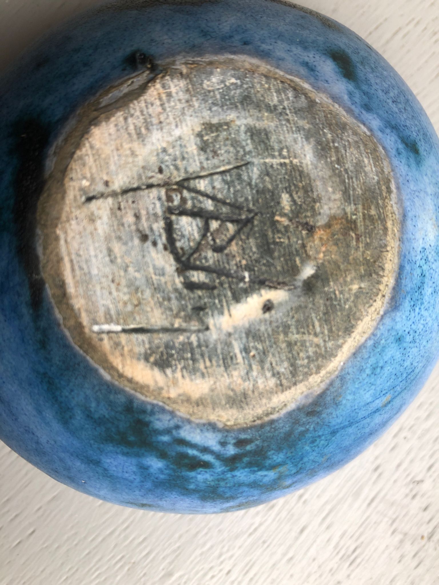 Round blue ceramic cup signed Blin around 1950