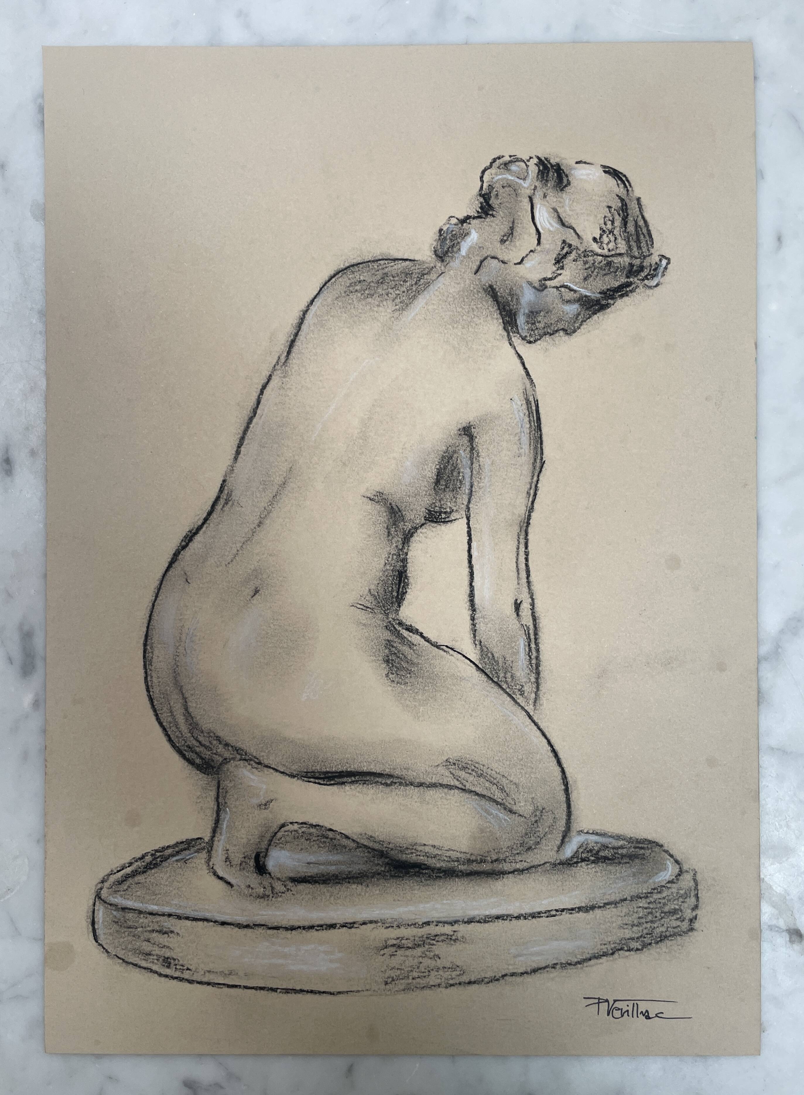 Charcoal drawing, study of a plaster statue of a woman, signed studio piece.