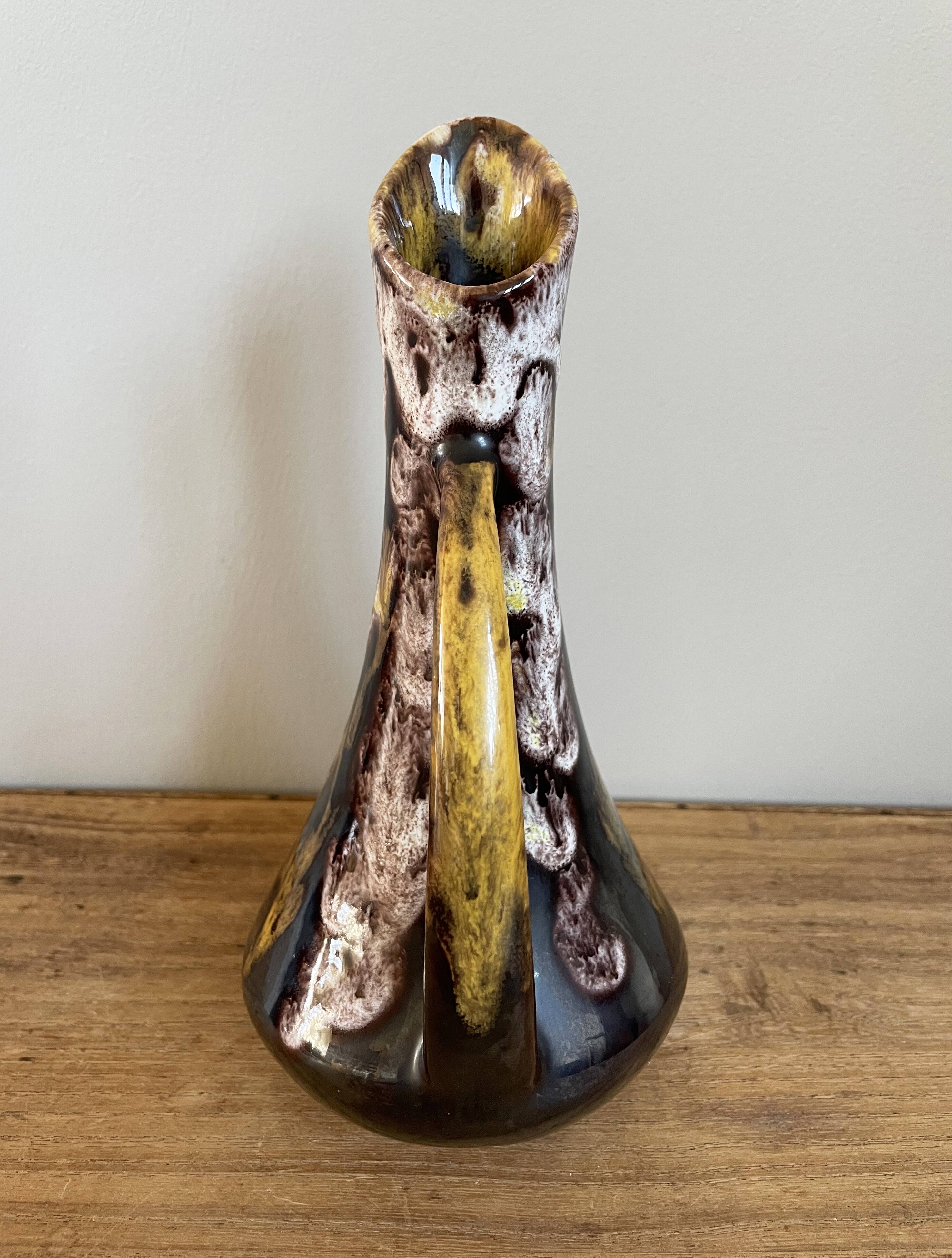 Fat lava style vase with handle, victory, purple, yellow & black drip glaze