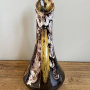 Fat lava style vase with handle, victory, purple, yellow & black drip glaze