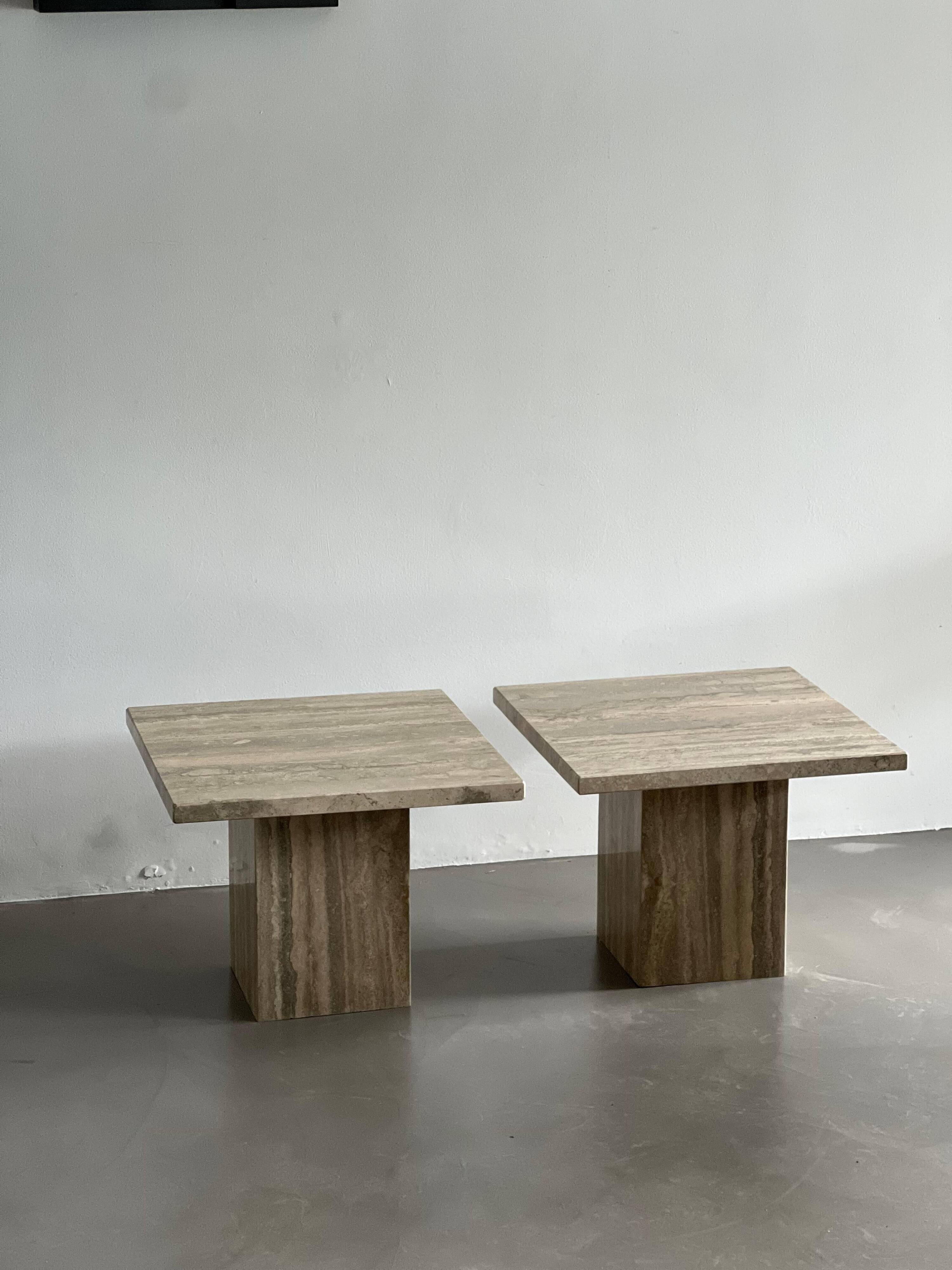Set of Two Mid-Century Modern Side Tables in Travertine, Urban Wabi Style, Pair