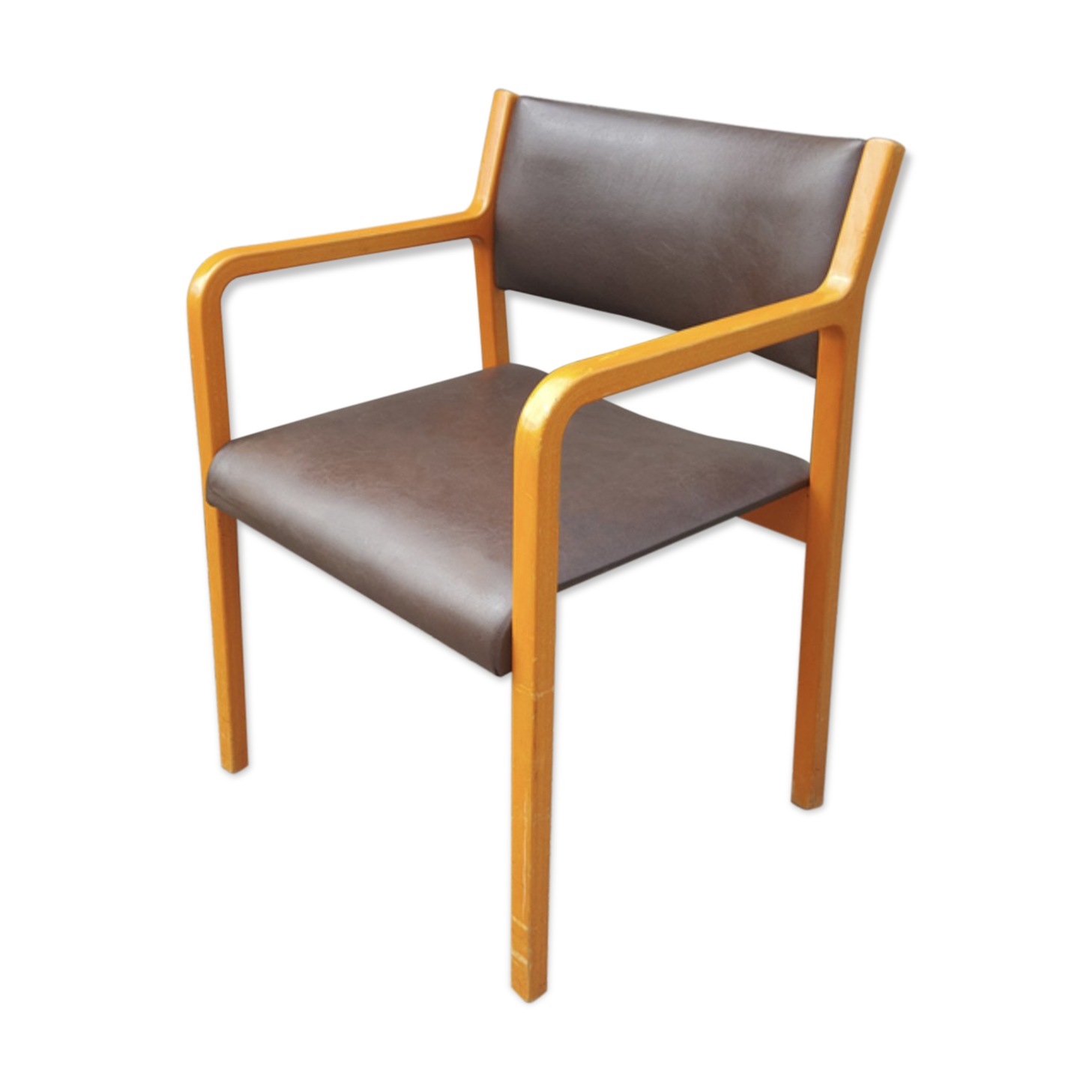 Fauteuil Wikhahn, années 60/70, bois et skaï, moderniste, vintage