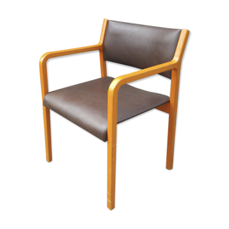 Fauteuil Wikhahn, années 60/70, bois et skaï, moderniste, vintage