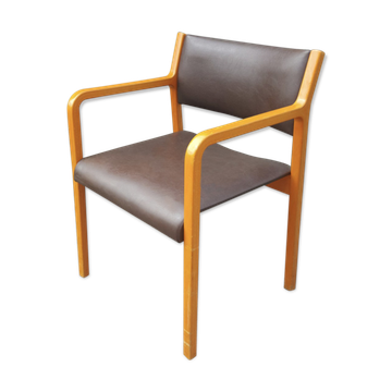 Fauteuil Wikhahn, années 60/70, bois et skaï, moderniste, vintage