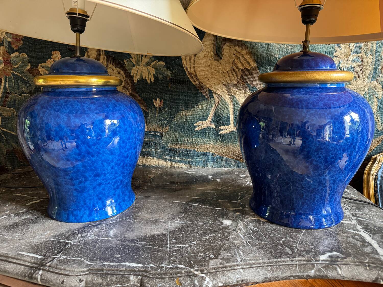 Pair of blue enamelled lamps