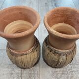 2 stoneware and bamboo pots