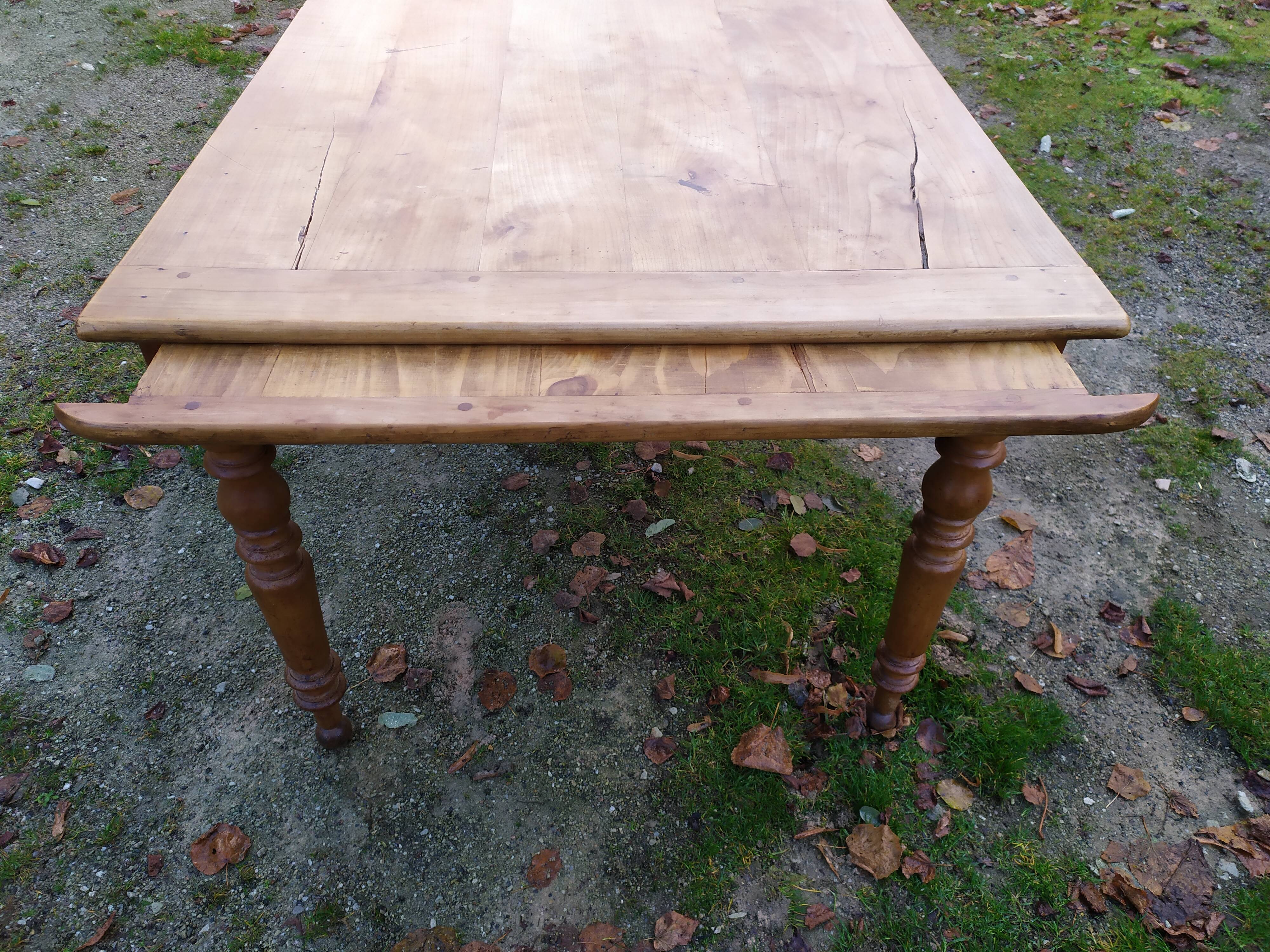 Cherry farm table, turned legs, 2 extensions