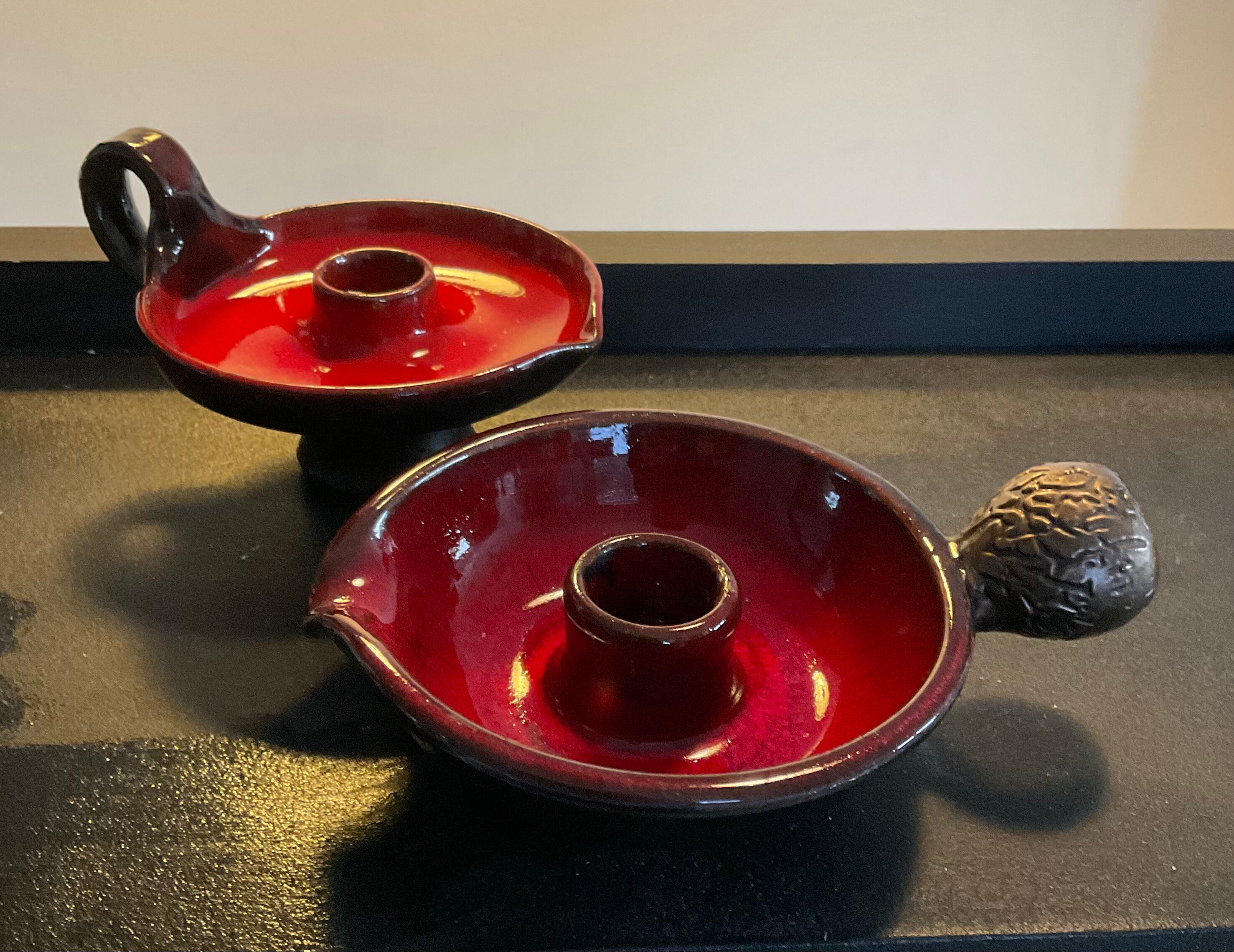 Duo of vintage enamelled ceramic candle holders born 60-70