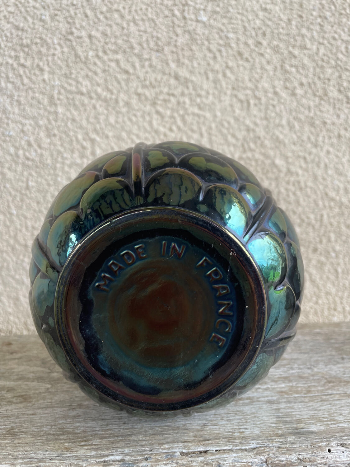 Art Deco Black Sphere Vase with Iridescent Blue Reflections French Manufacture