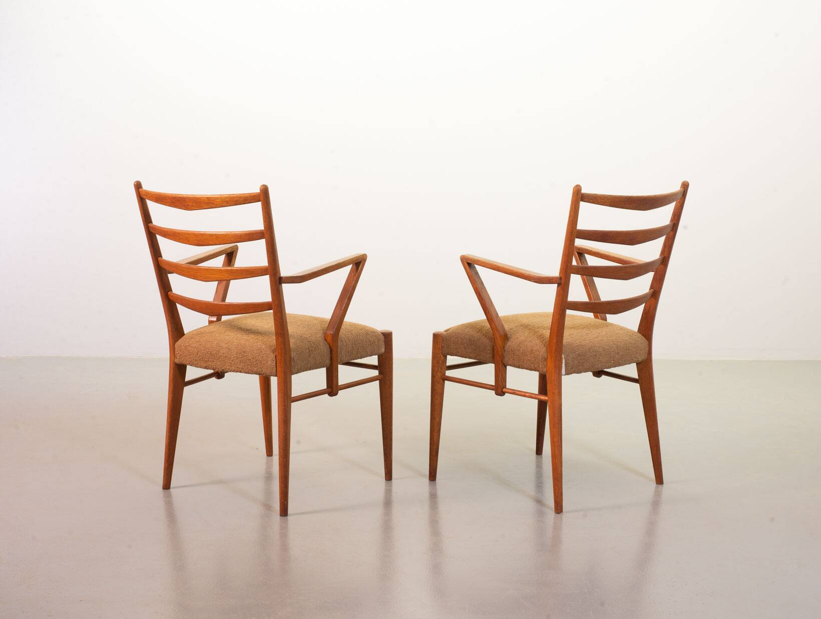 Cees Braakman Dutch Design Wooden Ladder Arm Chairs & Caramel Bouclé Fabric