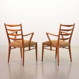 Cees Braakman Dutch Design Wooden Ladder Arm Chairs & Caramel Bouclé Fabric