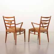 Cees Braakman Dutch Design Wooden Ladder Arm Chairs & Caramel Bouclé Fabric