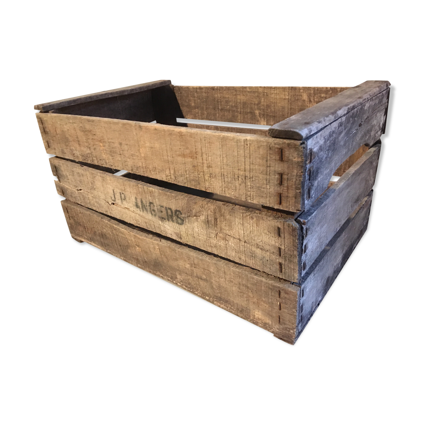 Former wooden apple crate marked JP Angers