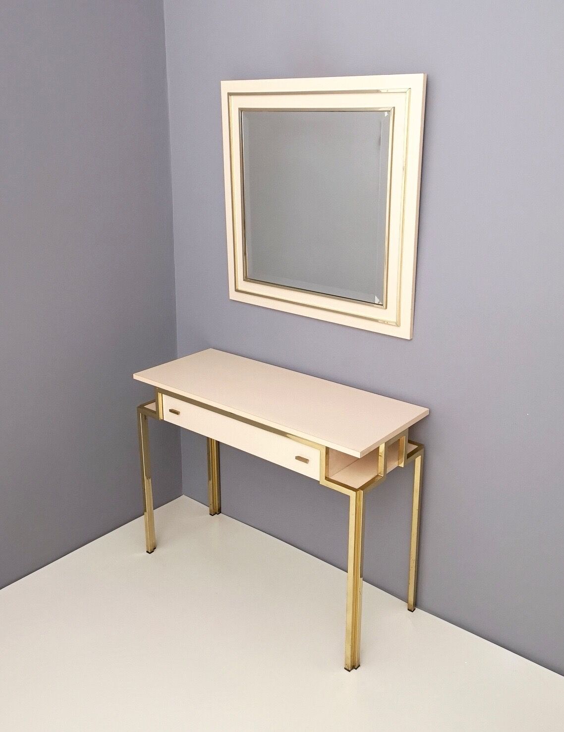 Postmodern pale pink formica and brass console with wall mirror, italy