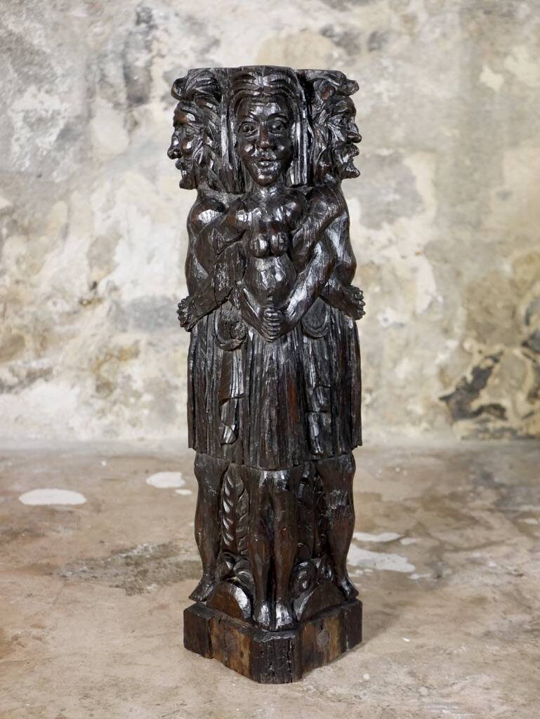Adam and Eve wooden pedestal, religious art