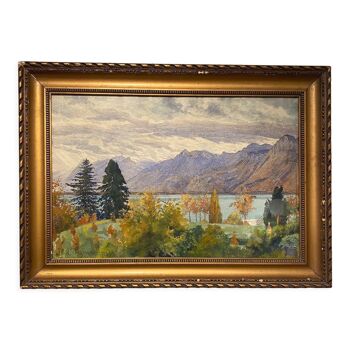 Old painting, landscape of a Swiss lake, signed A Bezencon, dated 1921