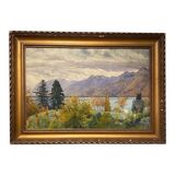 Old painting, landscape of a Swiss lake, signed A Bezencon, dated 1921
