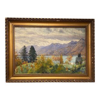 Old painting, landscape of a Swiss lake, signed A Bezencon, dated 1921