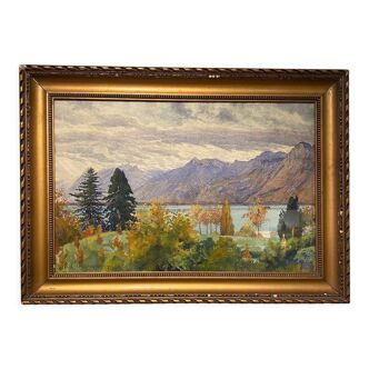 Tableau ancien , paysage d’un lac Suisse, signé A Bezencon , daté 1921