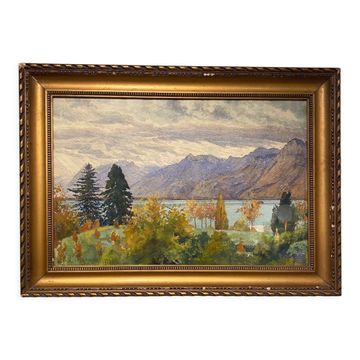 Old painting, landscape of a Swiss lake, signed A Bezencon, dated 1921