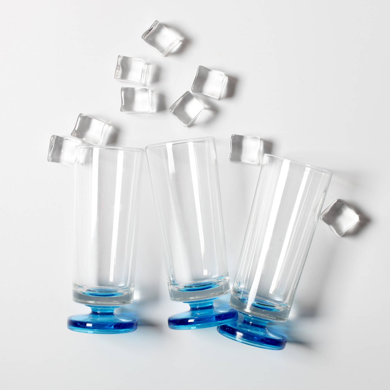 Set of 3 Vintage Blue-Footed Glasses / Mid-century Rare Tall Tumblers