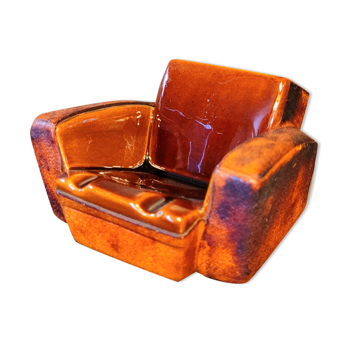 Ashtray Cigarette holder Club armchair in ceramic and vintage leather 50s 60s