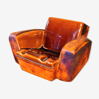 Ashtray Cigarette holder Club armchair in ceramic and vintage leather 50s 60s