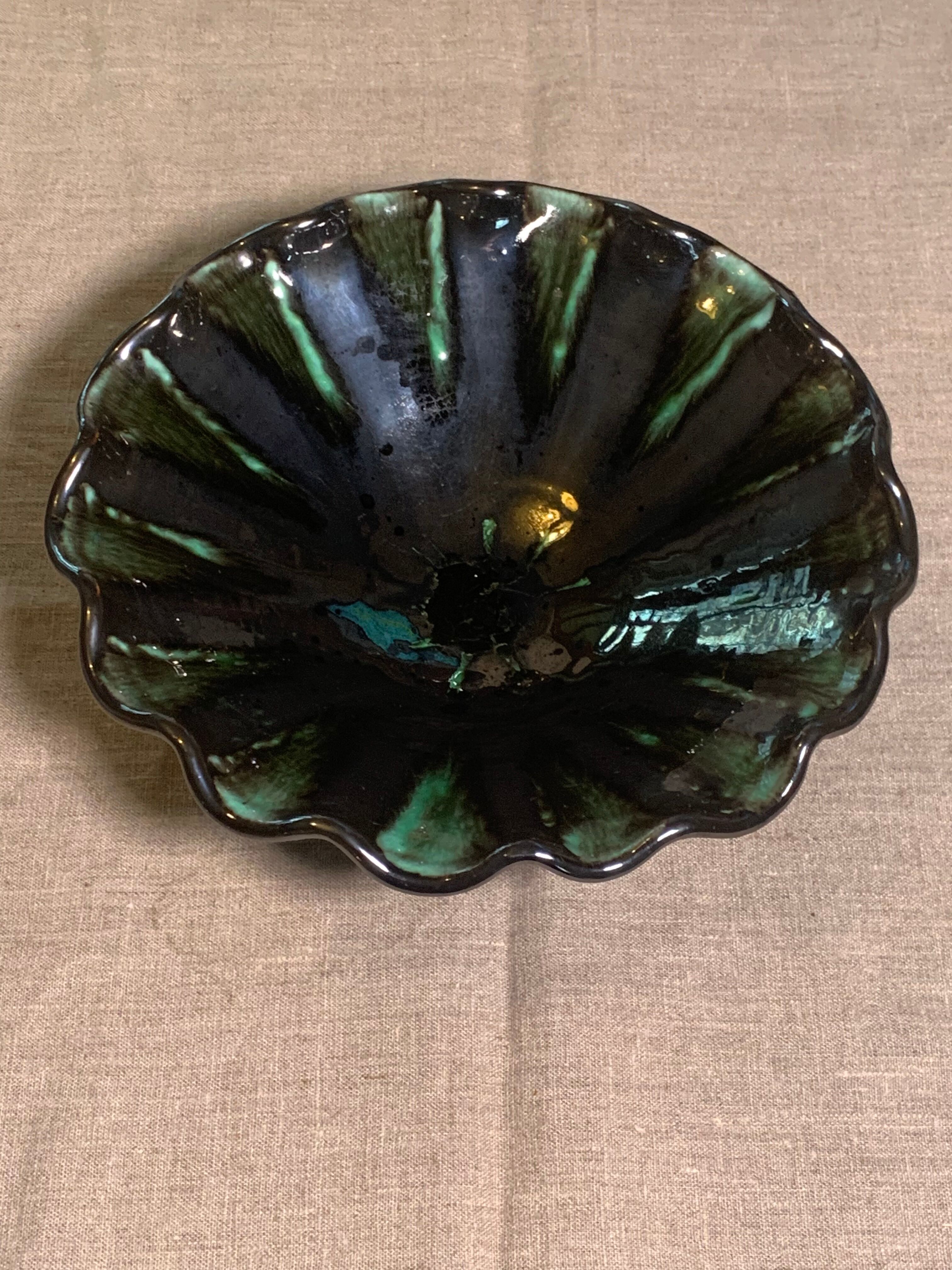 Vintage green and black glazed ceramic fruit cup