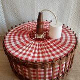 Wicker and red and white gingham checked fabric pendant light - vintage