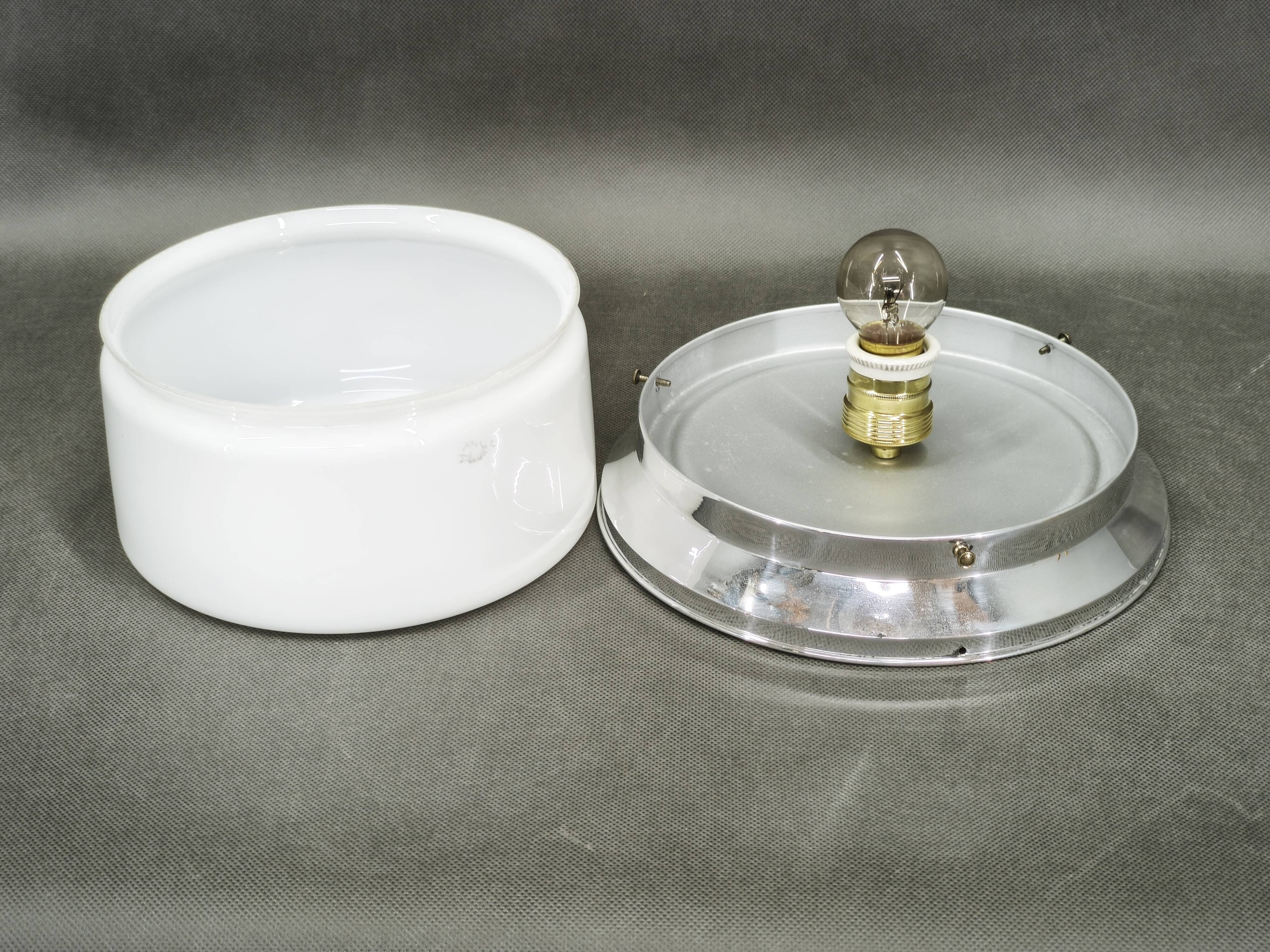 1930s Bauhaus Chrome and Opaline Glass Ceiling Light, Czechoslovakia