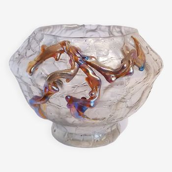 White Iridescent Art Nouveau Bowl Vase with Coral Appliques By Loetz