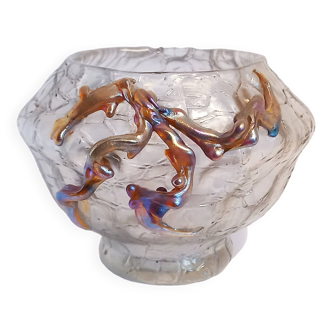 White Iridescent Art Nouveau Bowl Vase with Coral Appliques By Loetz