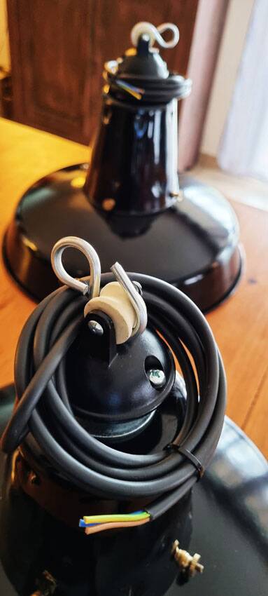 1 Pair of restored Mazda reflecto-lux enamelled industrial pendant lamps