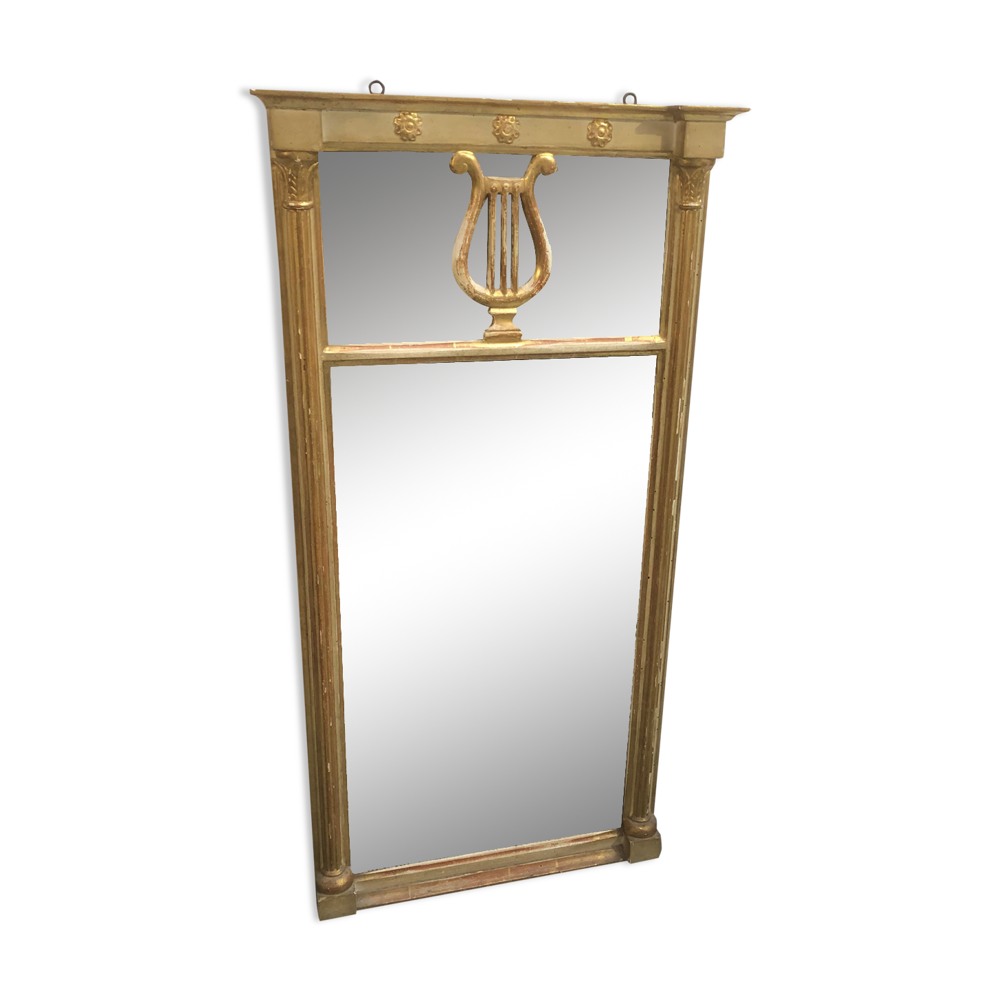 Old wooden mirror and gilded stucco 19th Style Louis XVI Trumeau Décor Columns and Lyre 52x102cm