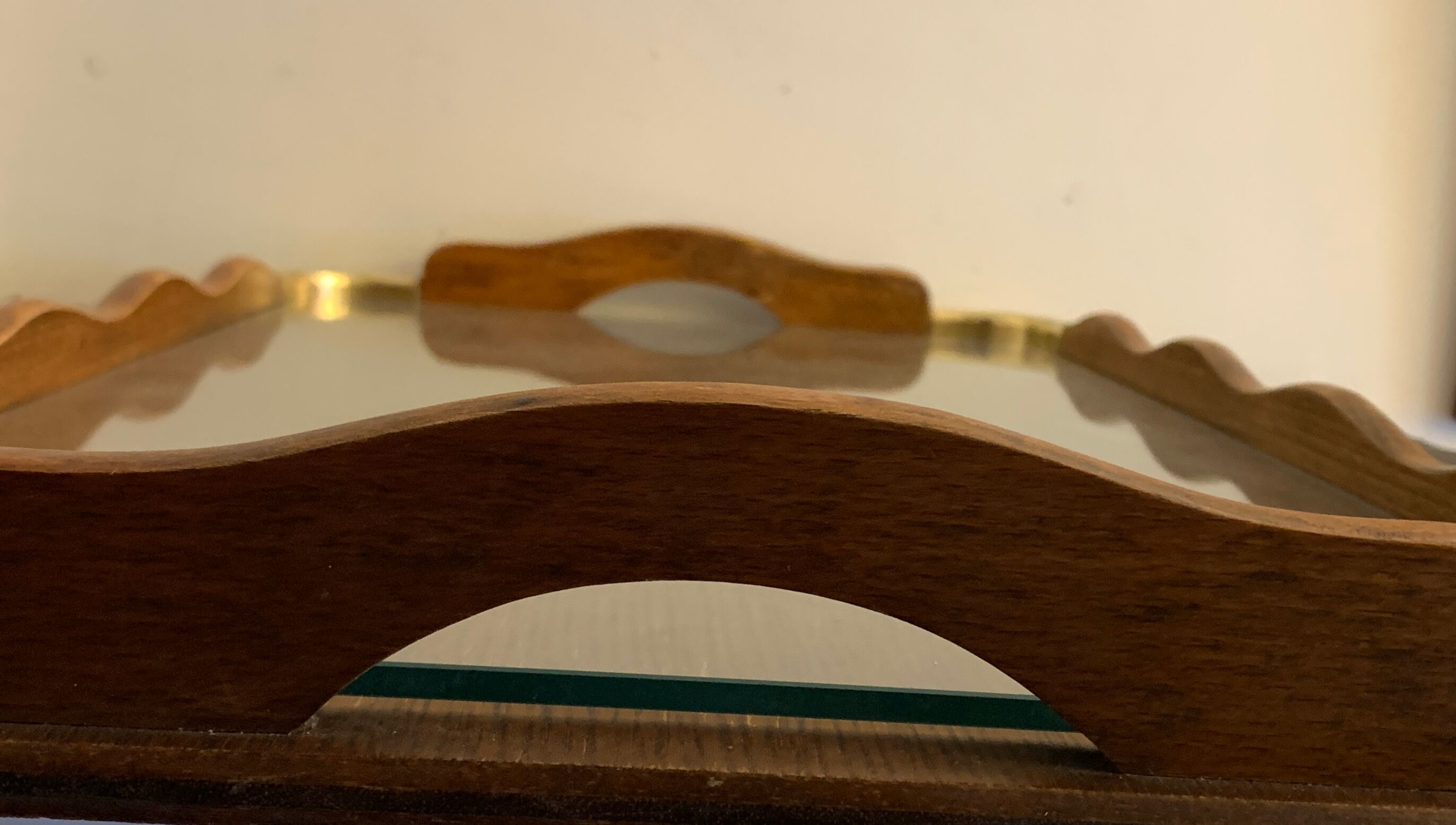 Serving tray in wood, brass and glass, 1960
