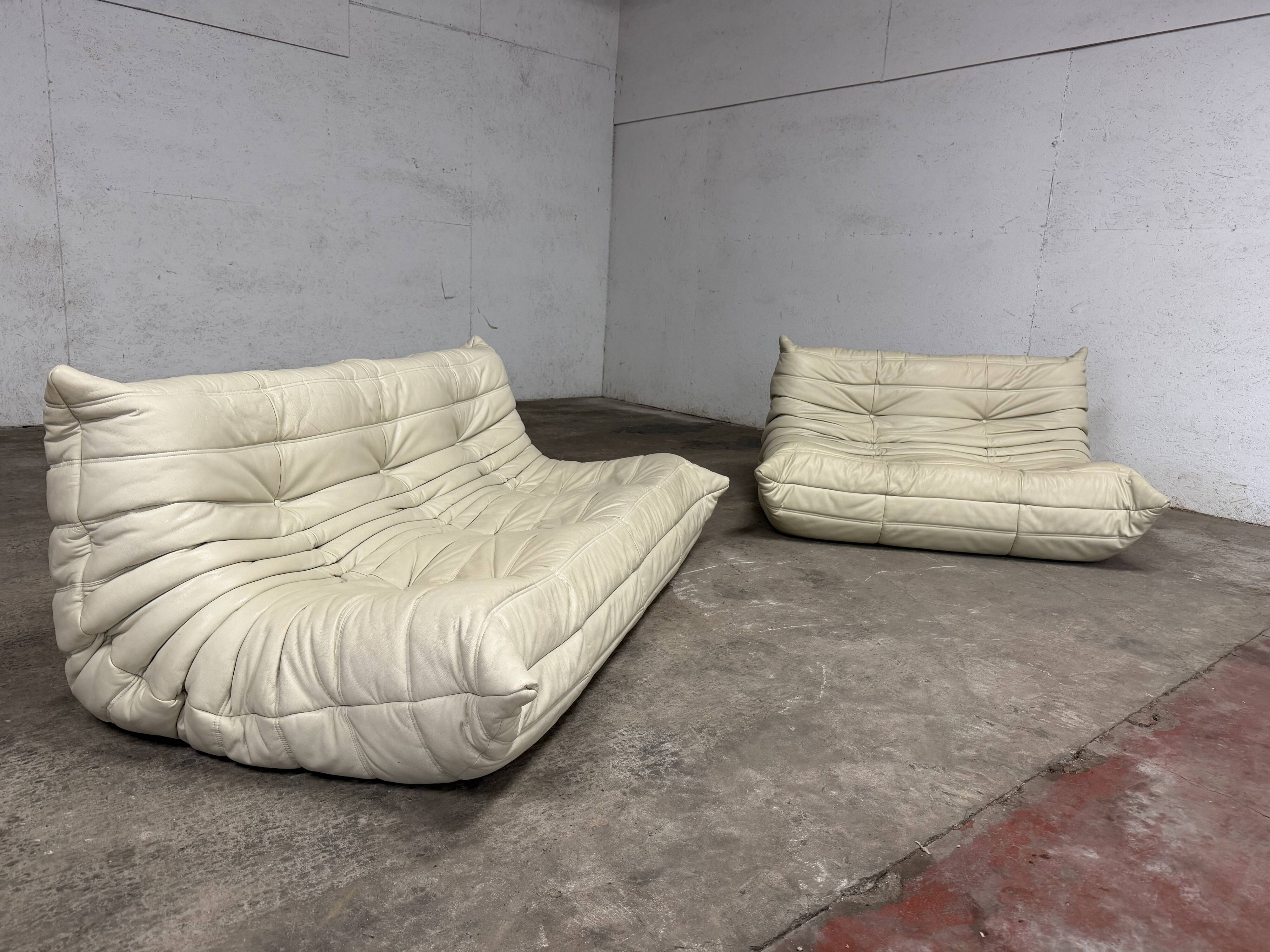 100% authentic Ligne Roset Togo 2-seater + 3-seater, original beige leather.