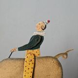 Antique pull toy, metal, hand-painted decoration, clown circus