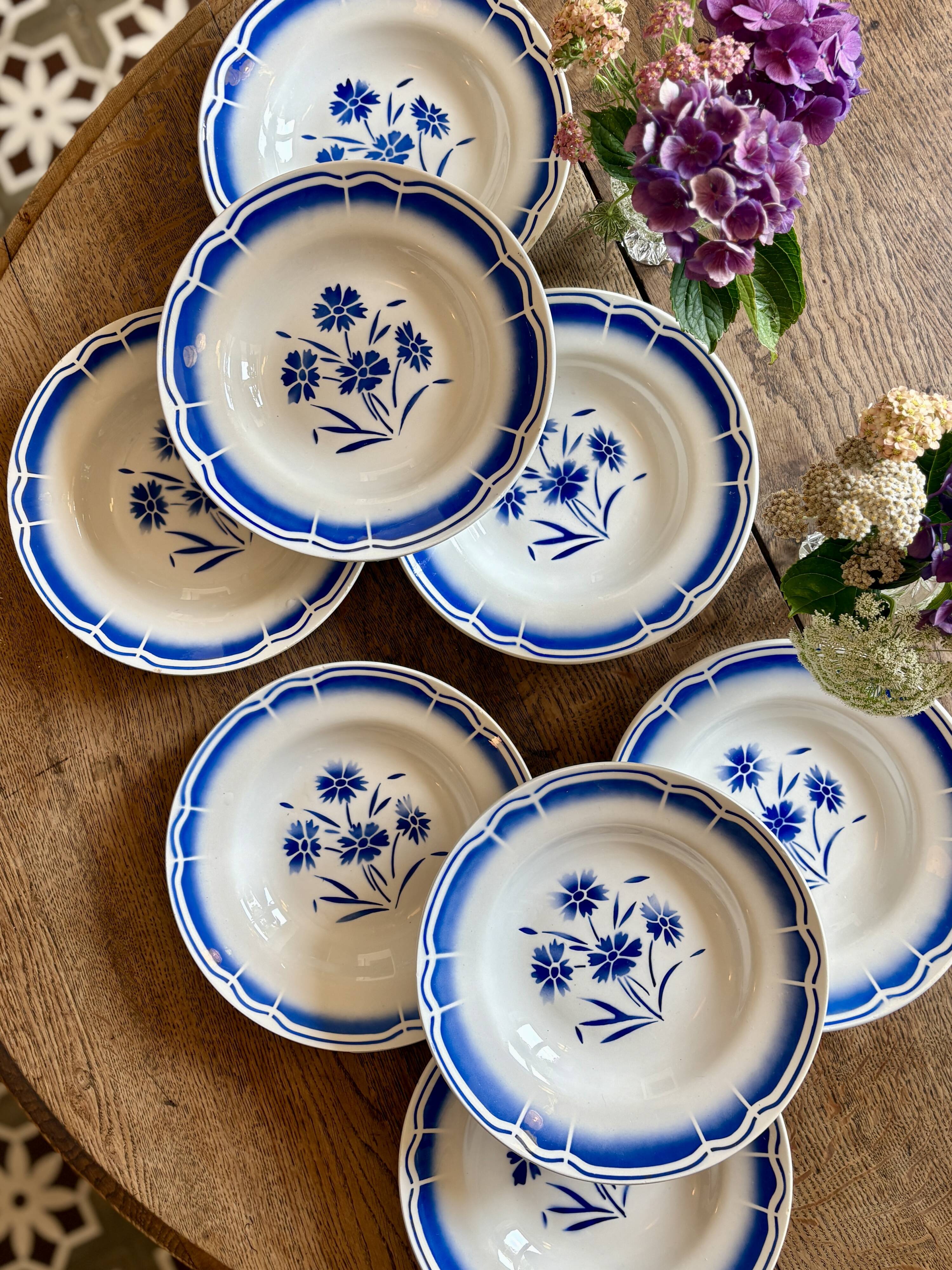 Set of 8 antique soup plates, blue flower decorations